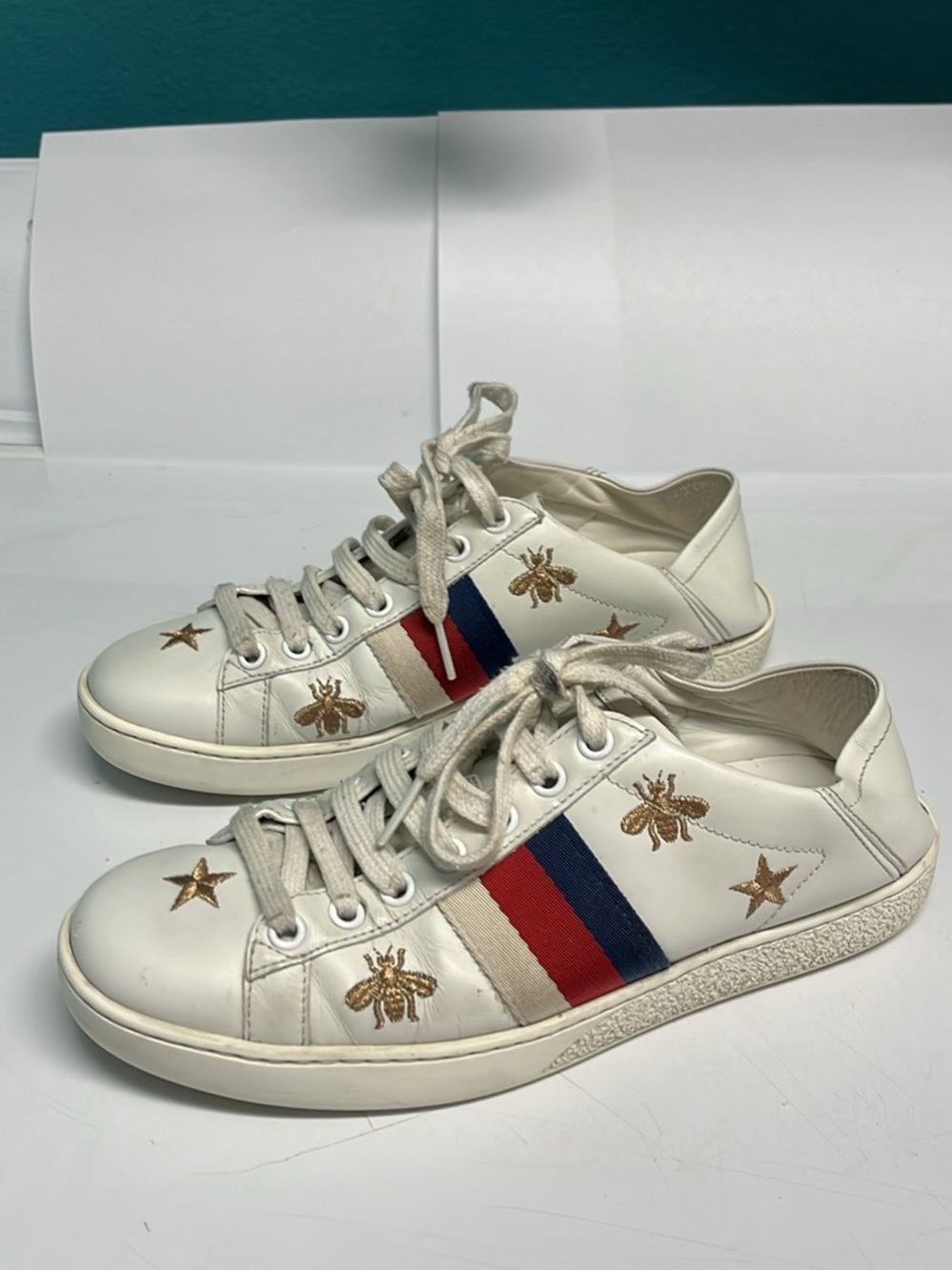 Gucci White Leather Sneakers with Red & Blue Web Stripe and Gold Embroidery